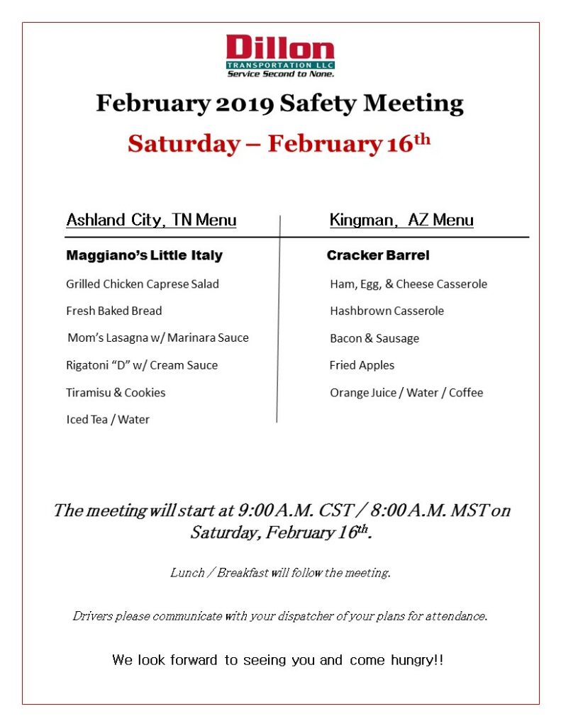 Semi Trailer Safety Meeting February 2019 Menu