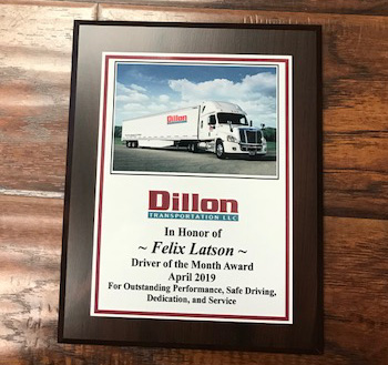 DIllon Transportation driver of the month award