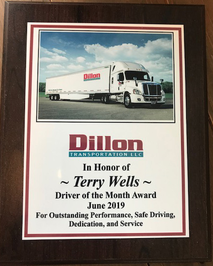 Dillon Transportation Driver of the Month award from june 2019